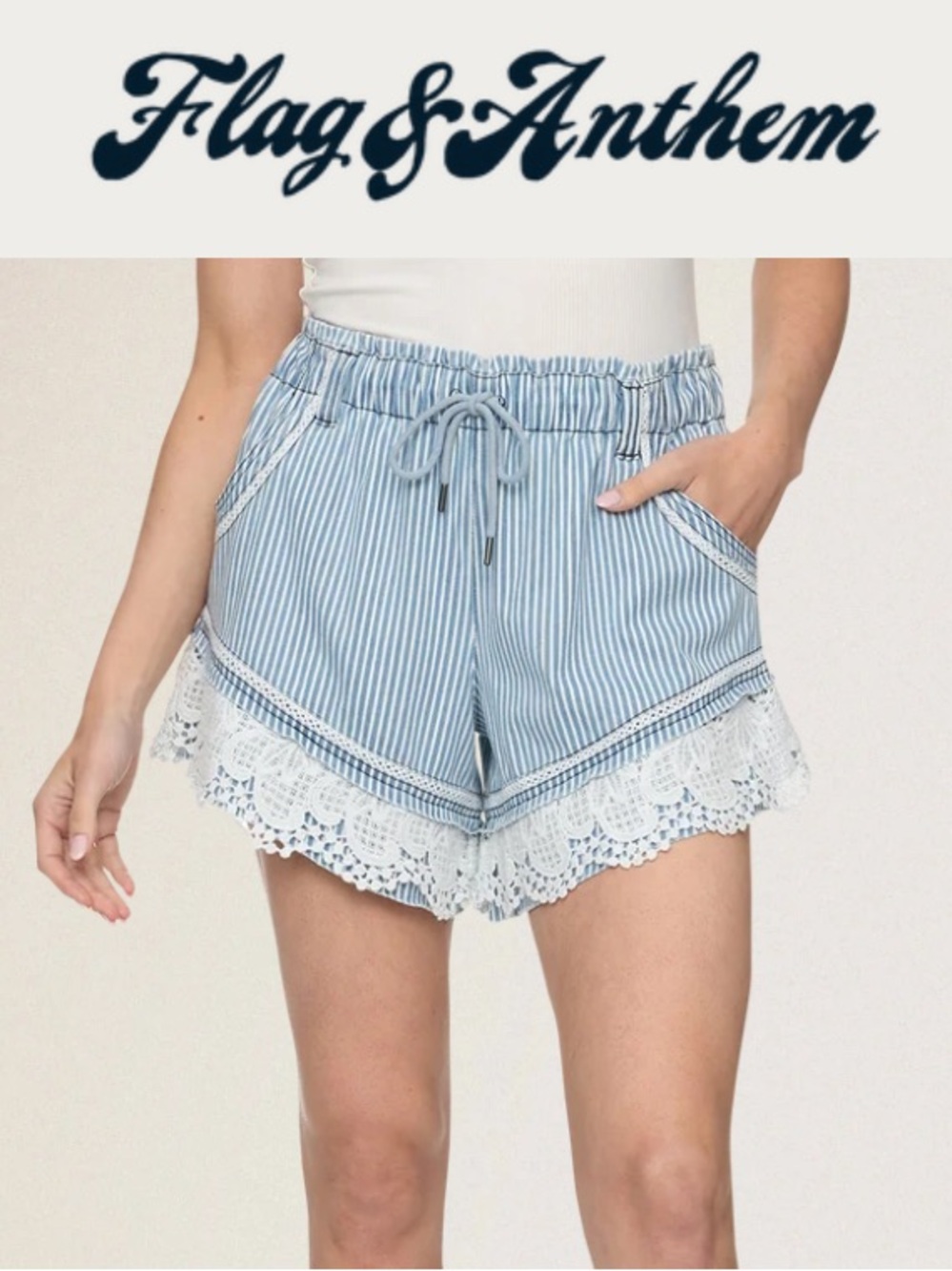 NWOT Flag & Anthem Jolene Short Striped Lace Trim Shorts in Blue & White Medium